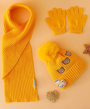 Babyhug Woollen Cap Mitten & Muffler Set with Teddy Embroidery & Applique Yellow - Diameter 12 cm