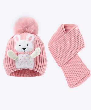 Babyhug Pom Pom Woollen Cap with Muffler & Bunny Applique Pink - Diameter 13.5 cm