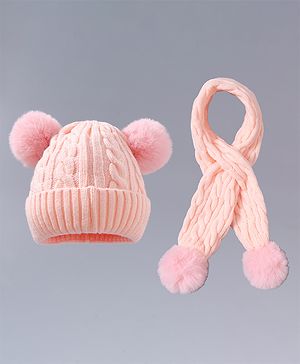 Babyhug Pom Pom Woollen Cap with Muffler & Cable Knit Design Pink - Diameter 12 cm