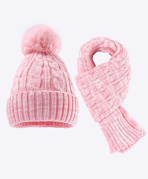 Babyhug Pom Pom Woollen Cap with Muffler & Cable Knit Design Pink - Diameter 10.5 cm