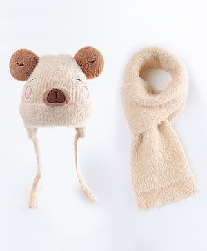 Babyhug Woollen Cap with Muffler & Ear Applique Beige - Diameter 12.5 cm