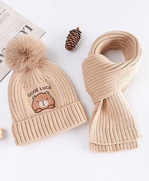 Babyhug Pom Pom Woollen Cap with Muffler & Bear Embroidery Light Brown - Diameter 12.5 cm