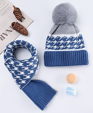 Babyhug Pom Pom Woollen Cap with Muffler & Design Navy Blue - Diameter 11.5 cm