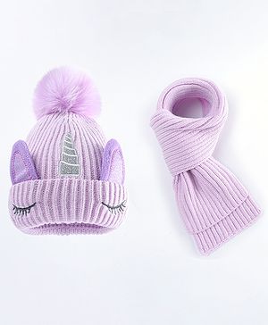 Babyhug Woollen Cap with Muffler & Ear Applique Purple - Diameter 11.5 cm