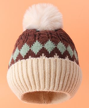 Babyhug Woollen Cap with Cable Knit Design & Pom Pom Brown - Diameter 13 cm