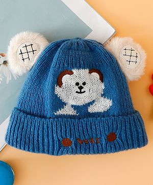 Babyhug Woollen Cap with Bear Embroidery Navy Blue - Diameter 12 cm
