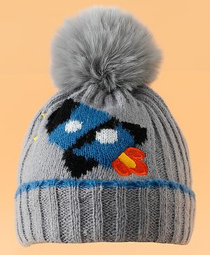 Babyhug Woolen Cap with Pom Pom & Spaceship Design Grey - Diameter 12 cm