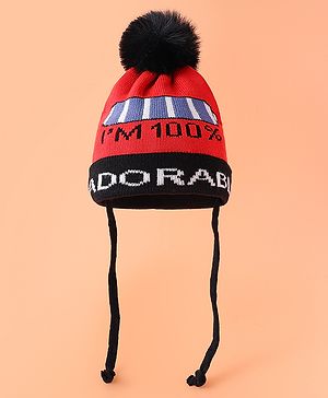 Babyhug Woolen Cap with Pom Pom & Adorable Text Design Red - Diameter 11.5 cm