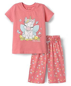 Babyhug Cotton Knit Half Sleeves Capri Night Suit With Unicorn & Butterfly Print - Pink
