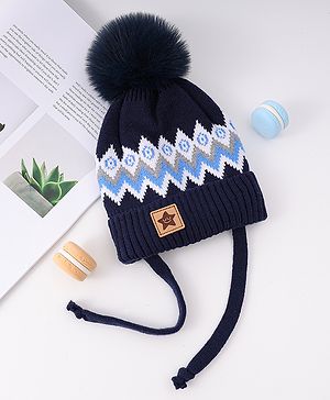 Babyhug Woollen Cap with Knot Design & Pom Pom Navy Blue - Diameter 8.5 cm