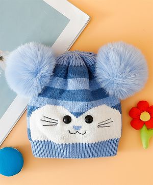 Babyhug Woollen Cap with Kitty Design & Pom Pom Applique Blue - Diameter 11 cm