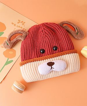 Babyhug Woollen Cap with Ear Bear Design Maroon - Diameter 15 cm