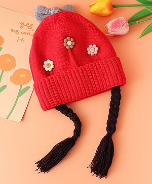 Babyhug Woolen Cap with Bow  & Braids Floral Applique Red - Diameter 12 cm