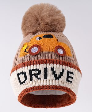 Babyhug Woollen Cap with Vehicle Design & Pom Pom Applique Brown - Diameter 12 cm