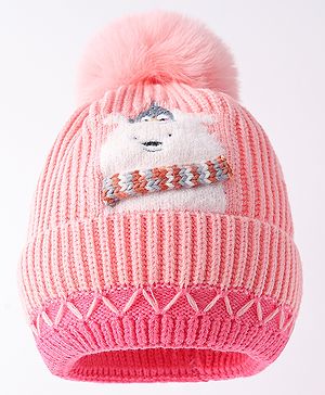 Babyhug Woollen Cap with Pom Pom & Bear Embroidery Pink - Diameter 11 cm