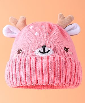 Babyhug Woollen Cap with Deer Ear Applique & Embroidery Pink - Diameter 12 cm