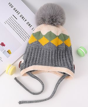 Babyhug Woollen Cap With Knot & Checks Design Grey - Diameter 15 cm