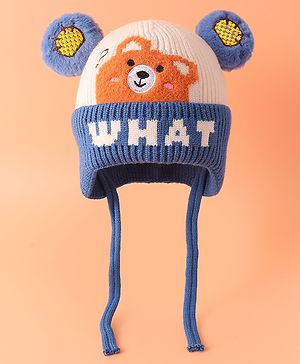 Babyhug Woollen Cap with Bear Ear Applique & Embroidery Navy Blue - Diameter 11 cm