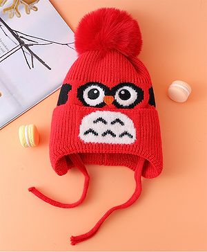 Babyhug Woollen Cap With Knot Bird Design Red - Diameter 14 cm