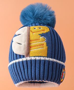 Babyhug Woolen Cap with Pom Pom & Dino Applique Blue - Diameter 11.5 cm