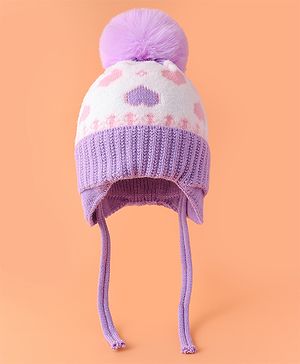 Babyhug Woollen Cap With Knot & Hearts Design Purple - Diameter 13 cm