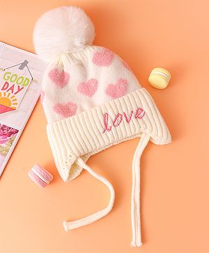 Babyhug Woollen Cap With Heart Design Cream - Diameter 11 cm