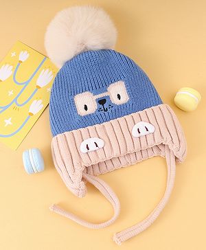 Babyhug Woollen Cap with Knot Pom Pom Bear Embroidery Blue - Diameter 14 cm