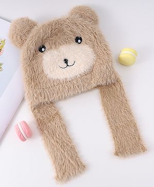 Babyhug Bear Designed Woollen Cap With Knot & Applique Khaki - Diameter 13 cm