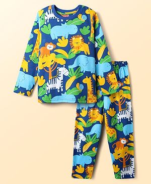 Babyhug Cotton Knit Full Sleeves Co-Ord Night Suit with Animal Print - Navy Blue