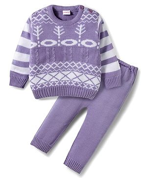 Babyhug Knitted Full Sleeves Sweater Set With Tree Print - Lavender
