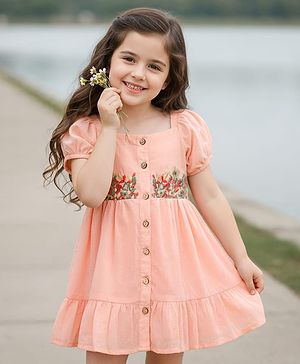 Babyhug Cotton Woven Puffed Sleeves Front Open Frock with Floral Embroidery - Pink