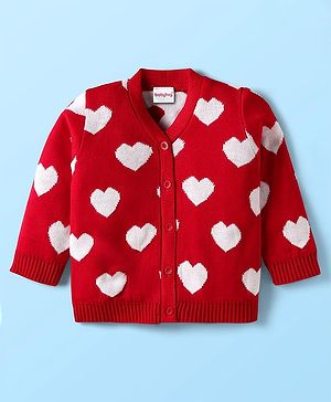 Babyhug Knit Full Sleeves Front Open Sweater with Heart Design - Red