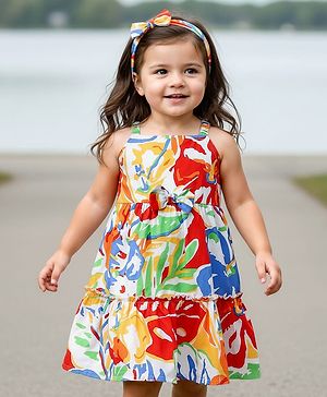 Babyhug Cotton Knit Sleeveless Frock with Headband & Floral Print - White