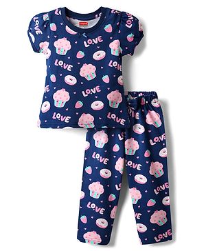 Babyhug Cotton Knit Half Sleeves Co-ords Night Suit with Hearts Print - Navy Blue