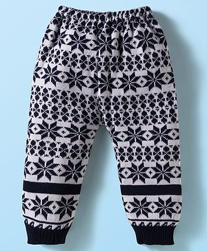 Babyhug Sweater Knit Full Length Woollen Pant with Floral Design - Navy Blue & White
