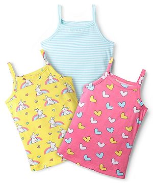 Babyhug 100% Cotton Single Jersey Knit Slips with Bunny & Heart Print Pack of 3 - Yellow Pink & Blue