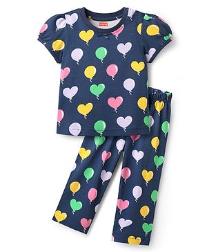 Babyhug Cotton Knit Half Sleeves Co-ords Night Suit With Balloon Print - Navy Blue