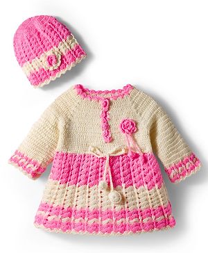 Babyhug Full Raglan Sleeves Crochet Hand-Knit Woollen Dress with Colour Floral Applique Block Design & Cap - Pink