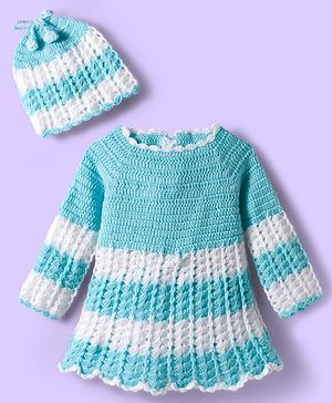 Babyhug Full Raglan Sleeves Crochet Hand-Knit Woollen Dress with Colour Block Design & Cap - Aqua Blue