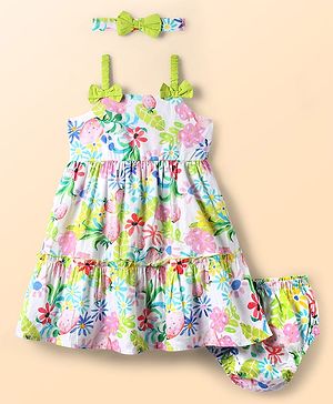 Babyhug Cotton Woven Sleeveless Floral Printed Frock With Bloomer & Headband - White