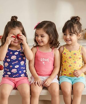 Babyhug 100% Cotton Singlet Tropical Theme & Text Printed Slips Pack Of 3 - Pink Navy Blue & Yellow