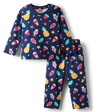 Babyhug Cotton Knit Full Sleeves Co-Ord Night Suit with Tropical Theme Print - Navy Blue