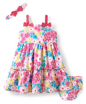 Babyhug Cotton Knit Floral Printed Sleeveless Frock with Bloomer & Headband - Pink