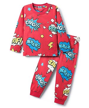 Babyhug Full Sleeves Co-ords Night Suit With Text Print - Red