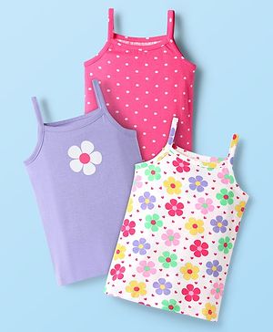 Babyhug 100% Cotton Single Jersey Knit Sleeveless Slips With Floral & Polka Dot Print Pack Of 3 - Pink White & Purple