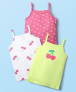 Babyhug 100% Cotton Single Jersey Knit Sleeveless Slips With Heart & Tropical Theme Print Pack Of 3 - Pink White & Light Green