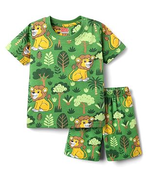 Babyhug Cotton Knit Half Sleeves Co-ords Shorts Night Suit With Lion Print - Green