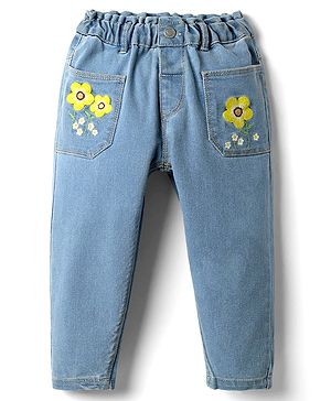 Babyhug Denim Full Length Slim Fit Stretchable Washed Jeans With Mock Fly Floral Embroidery & Badges - Blue