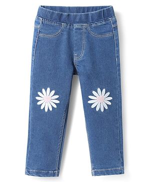 Babyhug Full Length Denim Jeggings Washed with Stretch & Floral Embroidery - Blue