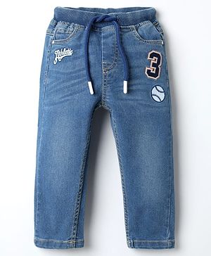 Babyhug Denim Full Length Washed Jeans With Stretch & Text Print - Blue
